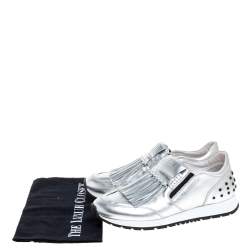 Pre Owned Tod's Silver/Black Leather Fringed Slip On Sneakers Size 37.5