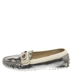 Tod's Silver/White Patent and Leather Logo Buckle Loafers Size 36
