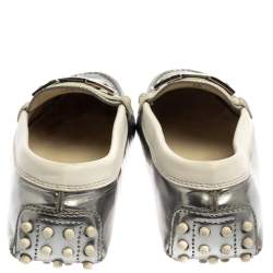 Tod's Silver/White Patent and Leather Logo Buckle Loafers Size 36