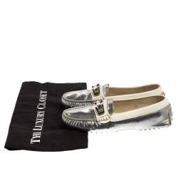 Tod's Silver/White Patent and Leather Logo Buckle Loafers Size 36