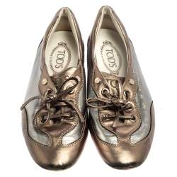 ممل وكة مسبقًا Tod's Metallic Bronze/Silver Leather Low Top Sneakers Size 38.5