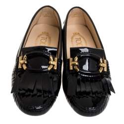Pre Owned Tod's Black Patent Leather Fringe Detail Loafers Size 37