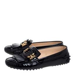 Pre Owned Tod's Black Patent Leather Fringe Detail Loafers Size 37