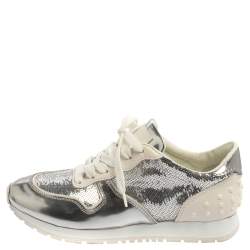 Pre Owned Tod's Metallic Silver Leather And Sequin Low Top Sneakers Size 37