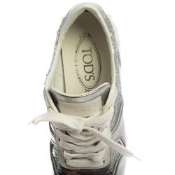 Pre Owned Tod's Metallic Silver Leather And Sequin Low Top Sneakers Size 37