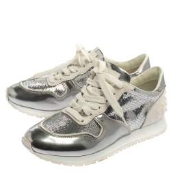 Pre Owned Tod's Metallic Silver Leather And Sequin Low Top Sneakers Size 37