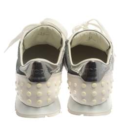 Pre Owned Tod's Metallic Silver Leather And Sequin Low Top Sneakers Size 37