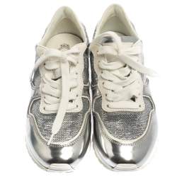 Pre Owned Tod's Metallic Silver Leather And Sequin Low Top Sneakers Size 37