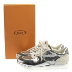 Pre Owned Tod's Metallic Silver Leather And Sequin Low Top Sneakers Size 37