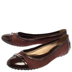 Tod's Two Tone Brown Suede and Patent Leather Cap Toe Ballet Flats Size 39