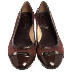 Tod's Two Tone Brown Suede and Patent Leather Cap Toe Ballet Flats Size 39
