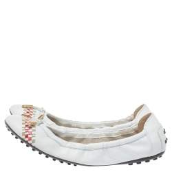 Pre Owned Tod's White Leather Bow Scrunch Ballet Flats Size 40
