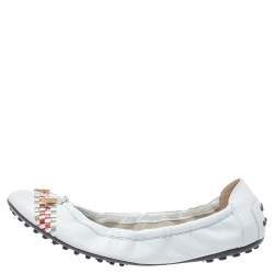 Pre Owned Tod's White Leather Bow Scrunch Ballet Flats Size 40