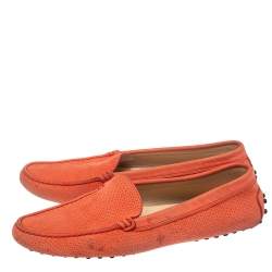 Pre Owned Tod's Coral Red Perforated Suede Loafers Size 39