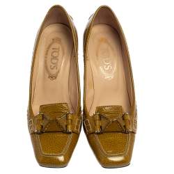 Pre Owned Tod's Yellow/Green Patent Leather Square Toe Loafer Pumps Size 38