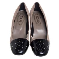 Tod's Grey Suede And Leather Metal Embellishment  Slip On Pumps Size 38.5
