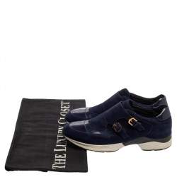 Pre Owned Tod's Navy Blue Suede And Patent Leather Double Buckle Sneakers Size 38