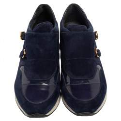 Pre Owned Tod's Navy Blue Suede And Patent Leather Double Buckle Sneakers Size 38