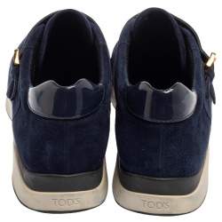Pre Owned Tod's Navy Blue Suede And Patent Leather Double Buckle Sneakers Size 38