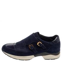 Pre Owned Tod's Navy Blue Suede And Patent Leather Double Buckle Sneakers Size 38