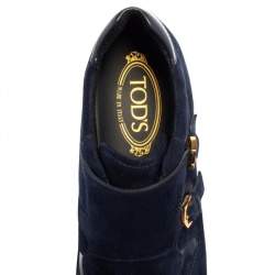 Pre Owned Tod's Navy Blue Suede And Patent Leather Double Buckle Sneakers Size 38