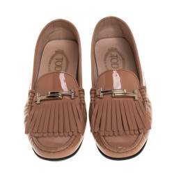 Pre Owned Tod's Beige Patent Leather Double T Fringe Loafers Size 37