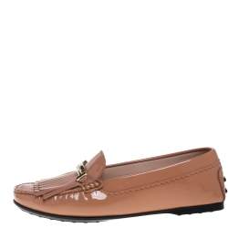 Pre Owned Tod's Beige Patent Leather Double T Fringe Loafers Size 37