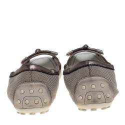 Tod's Grey/Metallic Canvas And Leather Bow Open Toe Flats Size 39