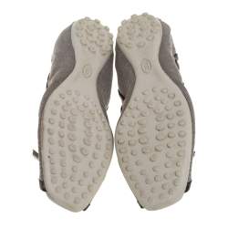 Tod's Grey/Metallic Canvas And Leather Bow Open Toe Flats Size 39
