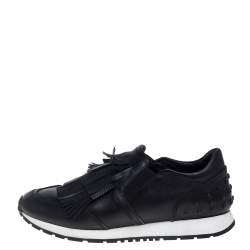 Pre Owned Tod's Black Leather Fringed Slip-On Sneakers Size 38