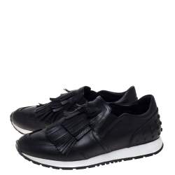 Pre Owned Tod's Black Leather Fringed Slip-On Sneakers Size 38