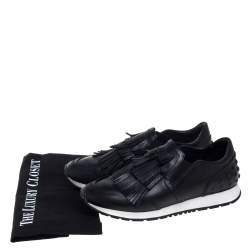 Pre Owned Tod's Black Leather Fringed Slip-On Sneakers Size 38