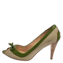 Tod's Beige/Green Canvas And Leather Peep Toe Slip On Pumps Size 40