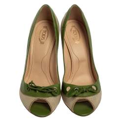 Tod's Beige/Green Canvas And Leather Peep Toe Slip On Pumps Size 40