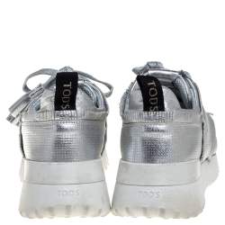 Pre Owned Tod's Metallic Silver Perforated Leather Tassel Fringe Low Top Sneakers Size 41