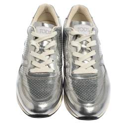 Pre Owned Tod's Silver Perforated Leather Sportivo Active Sneakers Size 38.5