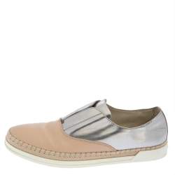 Tod's Beige/Silver Leather Francesina Slip On Espadrille Sneakers Size 38.5