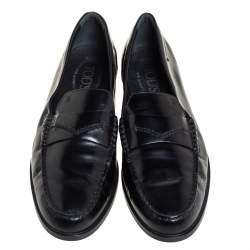 Pre Owned Tod's Black Leather Penny Slip On Loafers Size 38.5