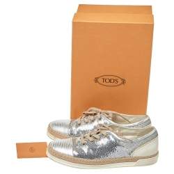 Pre Owned Tod's Metallic Silver Leather And Sequin Low Top Sneakers Size 37
