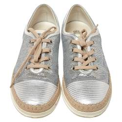 Pre Owned Tod's Metallic Silver Leather And Sequin Low Top Sneakers Size 37