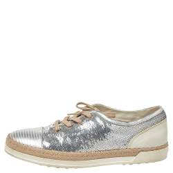Pre Owned Tod's Metallic Silver Leather And Sequin Low Top Sneakers Size 37