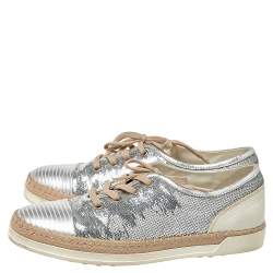 Pre Owned Tod's Metallic Silver Leather And Sequin Low Top Sneakers Size 37