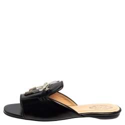 Pre Owned Tod's Limited Edition Black Leather Crystal  Embellished Bow Peep Toe Flat Slides Size 37
