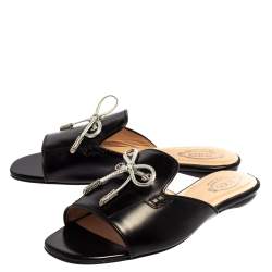 Pre Owned Tod's Limited Edition Black Leather Crystal  Embellished Bow Peep Toe Flat Slides Size 37