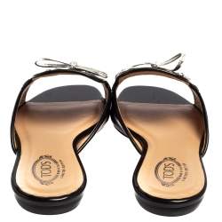 Pre Owned Tod's Limited Edition Black Leather Crystal  Embellished Bow Peep Toe Flat Slides Size 37