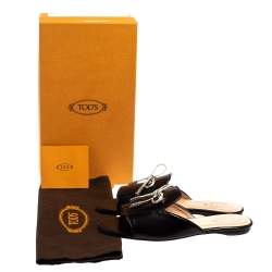 Pre Owned Tod's Limited Edition Black Leather Crystal  Embellished Bow Peep Toe Flat Slides Size 37