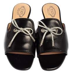 Pre Owned Tod's Limited Edition Black Leather Crystal  Embellished Bow Peep Toe Flat Slides Size 37