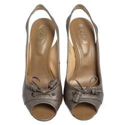 Pre Owned Tod's Grey Leather Tassel Peep Toe Slingback Sandals Size 38