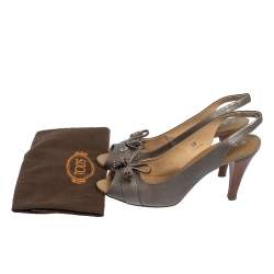Pre Owned Tod's Grey Leather Tassel Peep Toe Slingback Sandals Size 38