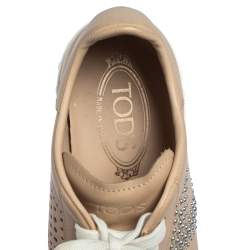 Pre Owned Tod's Beige Leather Studded Lace Up Sneakers Size 38